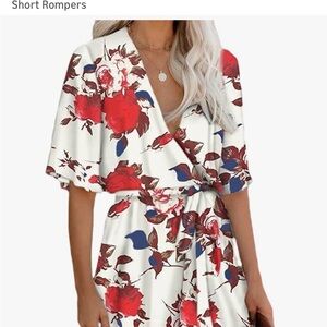 White Floral Romper with Red Rose Print